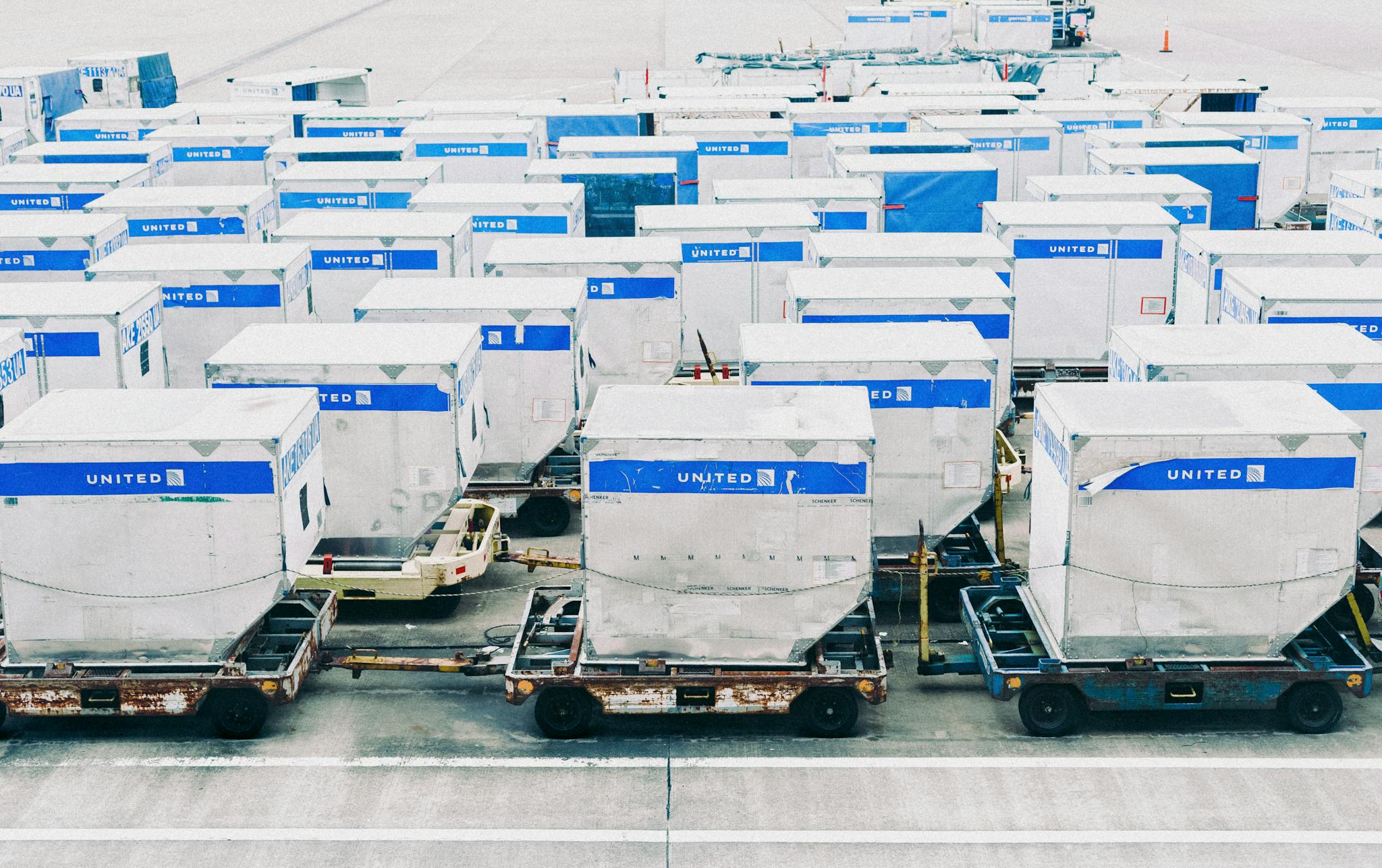 Aerial view of United Airlines cargo containers at Narita Airport, Chiba, Japan.